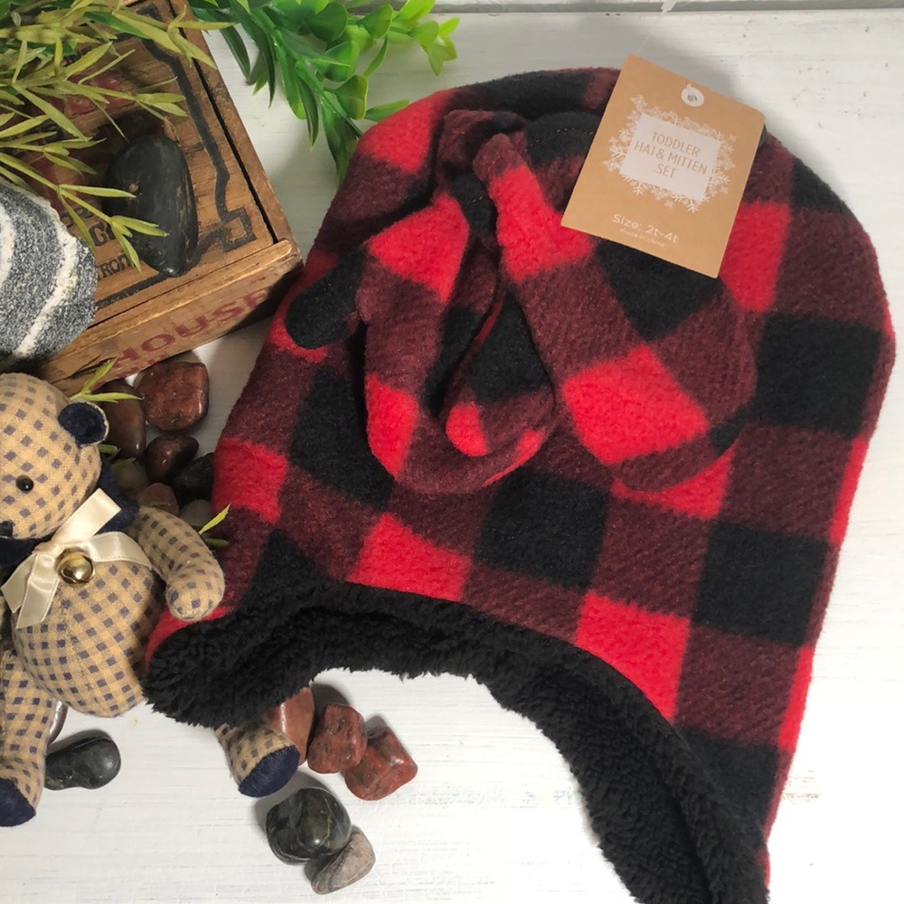 Berkshire Toddler Hat Set Buffalo Plaid Hat/Mittens NWT 2T-4T